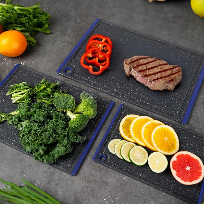 Kikcoin Plastic Cutting Boards for Kitchen, 3-Piece Large Cutting Board Set Dishwasher Safe Chopping Boards with Non-slip Feet and Juice Grooves, Blue - Image 5