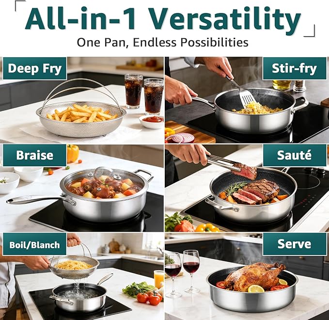 LOLYKITCH 5.5-Quart Hybrid Sauté Pan with Lid, 12-Inch Nonstick Deep Skillet with Fry Basket & Tongs, 3-ply Stainless Steel Large Frying Pan with Steam Insert, Works on All Cooktops - Image 4