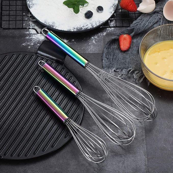 Berglander Rainbow Handle Whisk Pack of 3 Stainless Steel 8",10",12", Titianium Plating Colorful Handle Whisks for Cooking, Beater,Wire Whisk Set Kitchen Wisk (Rainbow Handle) - Image 3
