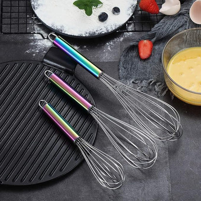 Berglander Rainbow Handle Whisk Pack of 3 Stainless Steel 8",10",12", Titianium Plating Colorful Handle Whisks for Cooking, Beater,Wire Whisk Set Kitchen Wisk (Rainbow Handle) - Image 3