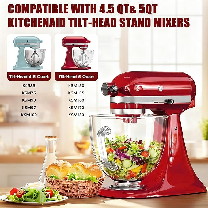 Double-layer Thickened Glass Mixer Bowl For Kitchenaid Tilt-Head Stand Mixers 4.5-5 Quart, 5Qt Mixing Bowl Replacement For Kitchenaid with Measurement Markings & Handle