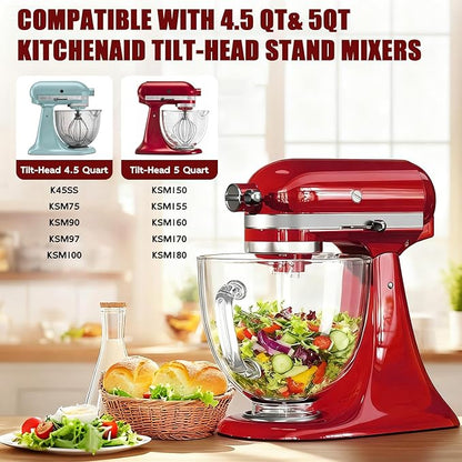 Double-layer Thickened Glass Mixer Bowl For Kitchenaid Tilt-Head Stand Mixers 4.5-5 Quart, 5Qt Mixing Bowl Replacement For Kitchenaid with Measurement Markings & Handle