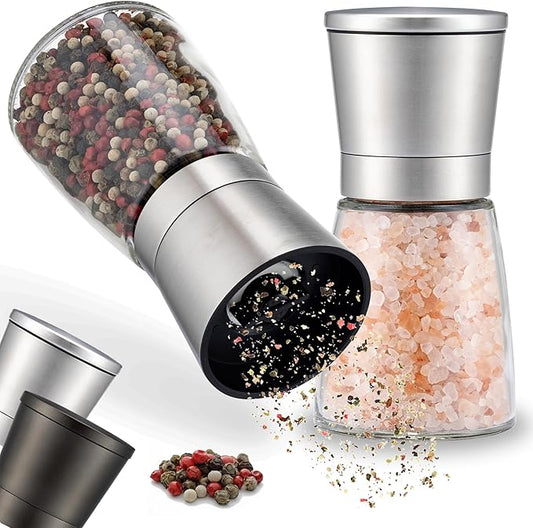 ZOLMER® Premium Stainless Steel Salt and Pepper Grinder Set | Adjustable Ceramic Mill - Small Silver Manual Grinder for Salt, Pepper, and Chili [No Spices Included]