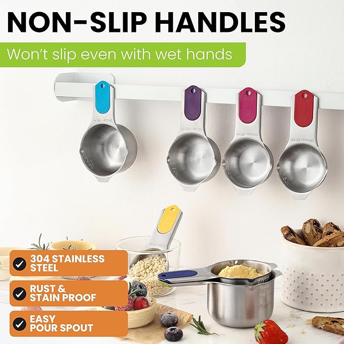 Spring Chef Magnetic Stainless Steel Measuring Cups, Patented, Kitchen Tools with Easy to Read Markings for Measuring Dry or Liquid Ingredients, Set of 7, Multicolor - Image 3