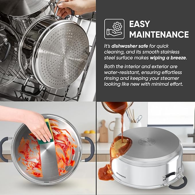 SUNHOUSE - 5.5 Quart Steamer Pots With Lid 2-Tier Multipurpose Stainless Steel Steaming Pot Cookware With Handle For Vegetable, Dumpling, Sauce, Food - Triple Bottom, Measurement Line - Image 8