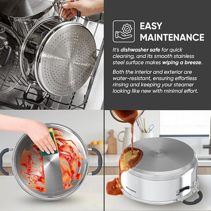 SUNHOUSE - 5.5 Quart Steamer Pots With Lid 2-Tier Multipurpose Stainless Steel Steaming Pot Cookware With Handle For Vegetable, Dumpling, Sauce, Food - Triple Bottom, Measurement Line - Image 8