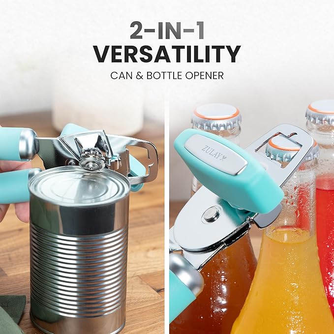 Zulay Kitchen Heavy Duty Stainless Steel Can Opener Manual with Bottle Opener - Rust Proof Manual Can Opener With Turn Knob & Comfy Soft Grip Handles - Teal - Image 7