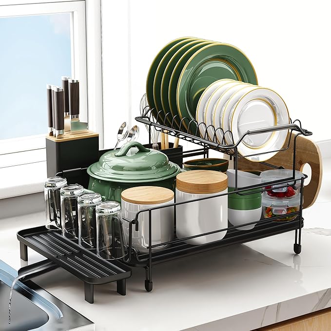 Runnatal Large Dish Drying Rack with Drainboard Set, Stainless Steel Detachable 2-in-1 Large-Capacity 2-Tier Over The Sink Anti-Rust Dish Rack and Dish Drainer for Kitchen Counter by Runnatal