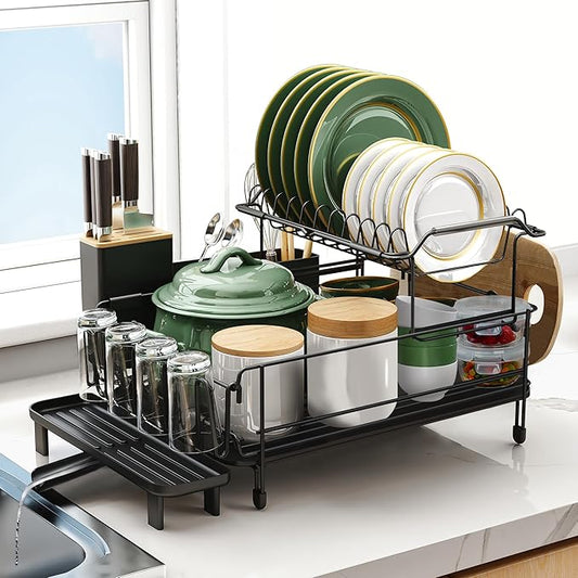 Runnatal Large Dish Drying Rack with Drainboard Set, Stainless Steel Detachable 2-in-1 Large-Capacity 2-Tier Over The Sink Anti-Rust Dish Rack and Dish Drainer for Kitchen Counter by Runnatal