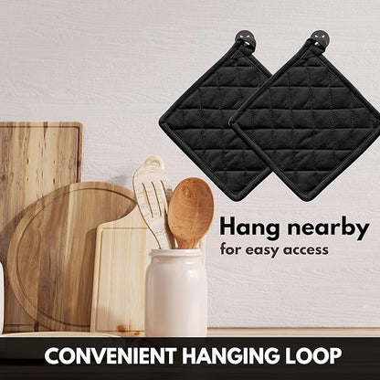 Oven Mitt & Pot Holder 100% Cotton Easter Heat Resistant Oven Gloves (7"x13") & Hot Pads (8"x8") Combo for Gifts, Cooking - Black