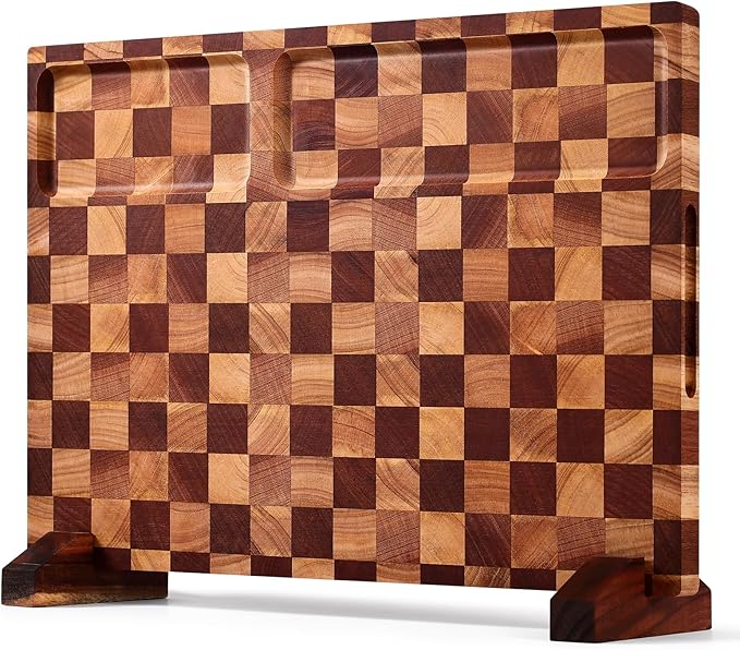 Checkered Cutting Board with Stand, Dual-Sided Wood Cutting Board with Juice Groove, 16.5x11.6 Inch Butcher Block Serving Tray, Chopping Board for Kitchen Gifts