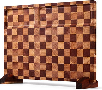 Checkered Cutting Board with Stand, Dual-Sided Wood Cutting Board with Juice Groove, 16.5x11.6 Inch Butcher Block Serving Tray, Chopping Board for Kitchen Gifts