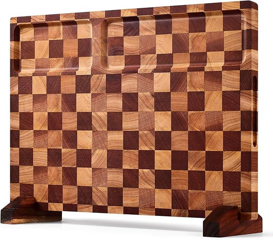 Checkered Cutting Board with Stand, Dual-Sided Wood Cutting Board with Juice Groove, 16.5x11.6 Inch Butcher Block Serving Tray, Chopping Board for Kitchen Gifts