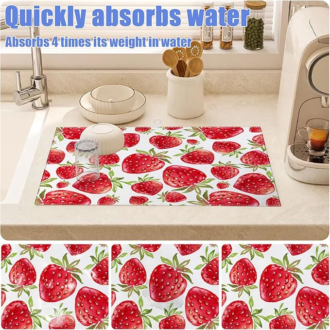Strawberry Dish Drying Mat for Kitchen Counter Drying Pad Absorbent Reversible Dish Drainer Rack Mats Draining Pad 18"x24"Inch - Image 4