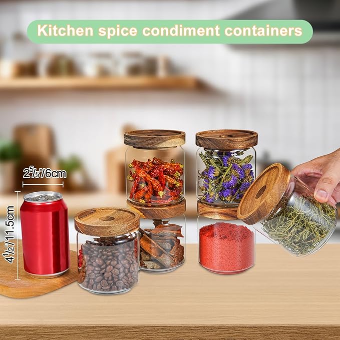 Small Glass Jars with Labels Spice Jar Round Storage Canister with Wooden Lid Clear Glass Food Jar for Pantry Sugar Tea Coffee Bean Spice Nuts Cookies Bath Salts (6 * 420ml(14oz)) - Image 4