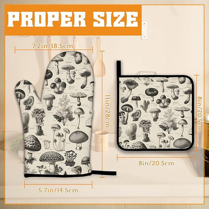 Vintage Mushroom Forest Oven Mitts and Pot Holders,Heat Resistant Oven Mitts Gloves and Pot Holder for Home Kitchen Decorations Cooking Baking BBQ Gifts,Set of 4