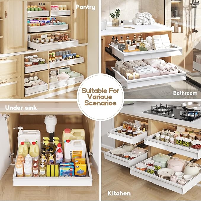 Seinloes 2 Pack Pull Out Cabinet Organizer With Raising Pad for Framed Cabinets,Expandable Width (13"-21") and Depth (13"-17"),3 Slide Rails Slide Out Drawers with Handle,No-Drill Roll Out Shelf,White - Image 7