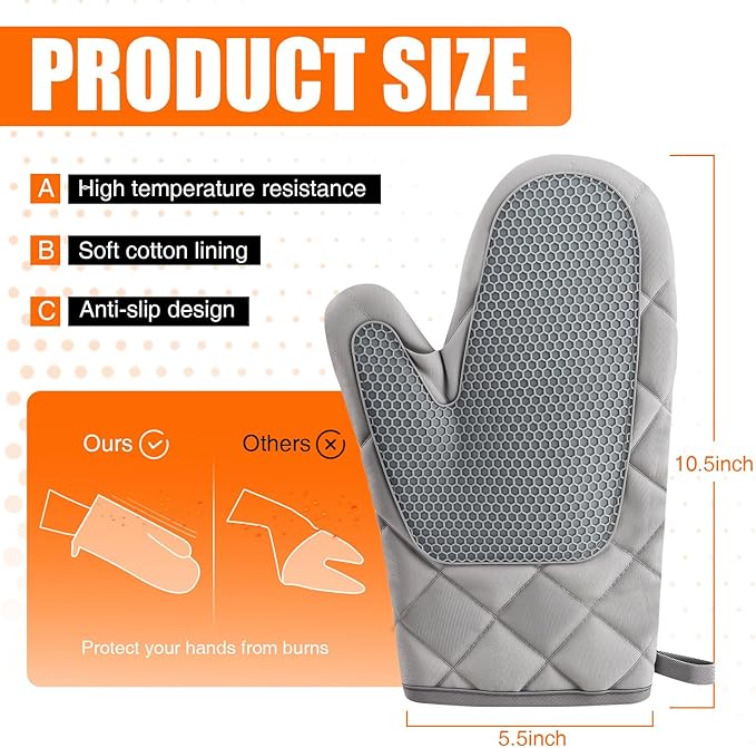 Silicone Oven Mitts, Heat Resistant 2PCS Oven Mitts with Soft Cotton Lining, Waterproof Non-Slip Grip Oven Glove, Kitchen Potholder Mits for BBQ, Baking, Cooking, 10.5Inch - Dark Grey - Image 2