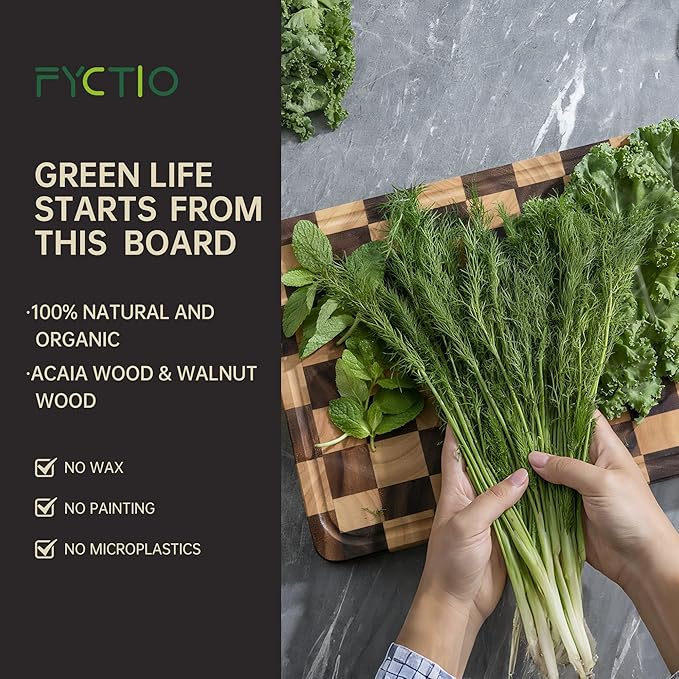 Checkered Cutting Boards for Kitchen, Acacia Wooden Chopping Board with Juice Grooves & Handles, Thickened Butcher Block for Meat, Vegetables and Fruits with Gift Box, 16" x 11" x 1.4" - Image 3