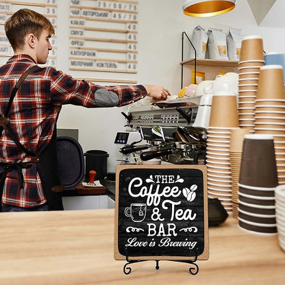 Coffee Bar Sign, Love is Brewing Farmhouse Tabletop Decor, Coffee and Tea Lover Gifts, 5x5 Wood Plaque with Iron Stand for Home Kitchen Cafe, Coffee Bar Decor – L04 - Image 6