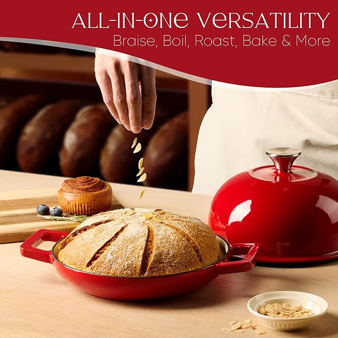 CAROTE Enameled Cast Iron Bread Dutch Oven, Round Bread Oven Pot with Dome Lid for Homemade Sourdough Bread Baking, Healthy & Non-Toxic, Dual Handles, All Stovetop Compatible, Oven Safe up to 500° F, 1.5 Quarts, 9 Inches, Red