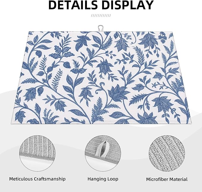 Blue Floral Print Dish Drying Mats for Kitchen Counter, Large 18"x24" Dish Mats for Drying Dishes, Microfiber Absorbent Dish Drying Pad Rack Mat Kitchen Decor Reusable Washable