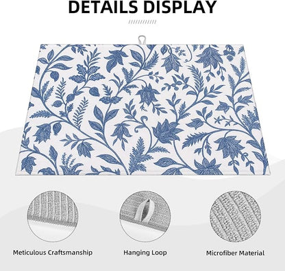 Blue Floral Print Dish Drying Mats for Kitchen Counter, Large 18"x24" Dish Mats for Drying Dishes, Microfiber Absorbent Dish Drying Pad Rack Mat Kitchen Decor Reusable Washable
