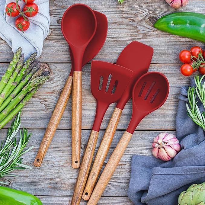 Kitchen Utensils Set, Silicone Cooking Utensils Set,Non-Stick Silicone Spatula Set with Natural Acacia Hard Wood Handle, 5 Piece, Upgraded Thickened Cookware - Image 7