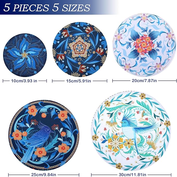 5 Pieces Bowl Covers Reusable, 5 Size Elastic Cloth Bowl Covers for Bread Proofing Food Covers Washable for Food Fruits Leftover (Blue Bird) - Image 2