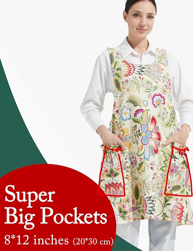 Cozy Adjustable Cross Back Aprons for Women with Pockets Cotton Linen Cooking Kitchen Baking