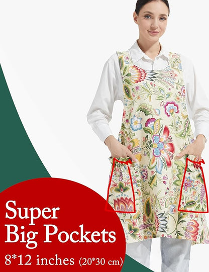Cozy Adjustable Cross Back Aprons for Women with Pockets Cotton Linen Cooking Kitchen Baking