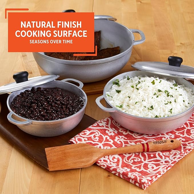 IMUSA Caldero Stock Pot with Lid 3pc Set, 1.5/3.5/7 QT, Cast Aluminum, Perfect for Serving Large & Small Groups, Riveted Handles, Made in Colombia, Silver