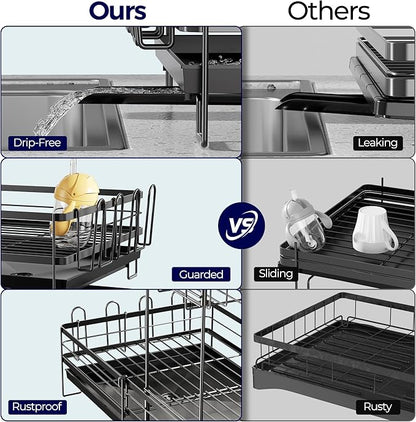 Large Dish Drying Rack, Expandable Dish Rack for Kitchen Counter, Dish Drainer with Drainboard Set, Multifunctional Dishrack with Utensil & Cup Holder, 13.4"-28.7" L x 11.8" W x 9.3" H, Black - Image 7