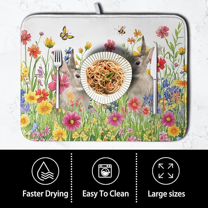 Easter Dish Drying Mat for Kitchen Counter Easter Bunny Flowers Dish Drying Pad Spring Rabbit Floral Dishes Drainer Mats Absorbent Microfiber Kitchen Countertop Protector Drying Mats 16x18 in - Image 4