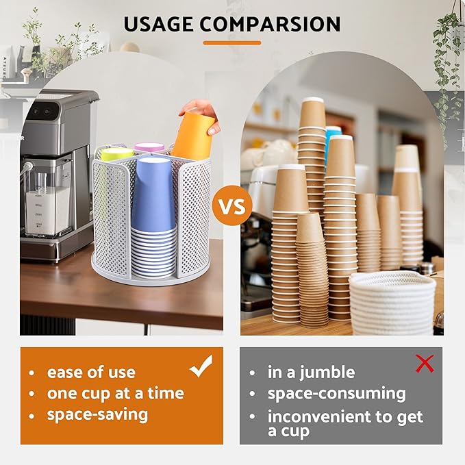 Rotating Paper Cup Dispenser, Cup Holder with 4 Compartments, Disposable Coffee Cup Dispenser Removable, Plastic Cup Storage & Lid Holder for Countertops, Kitchen, Coffee Stations (Gray) - Image 3