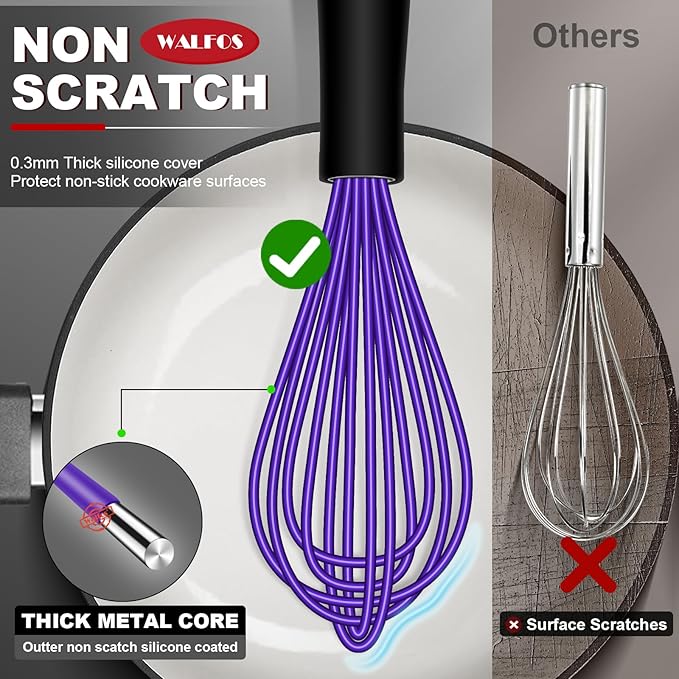 Walfos Whisk,7+9+11in Silicone Whisks for Cooking Non Scatch,Kitchen Whisk,BPA Free and Heat Resistant 480°F,Wisk Perfect for Frothing,Blending,Beating.Dishwasher Safe 3pcs Dark Purple - Image 2