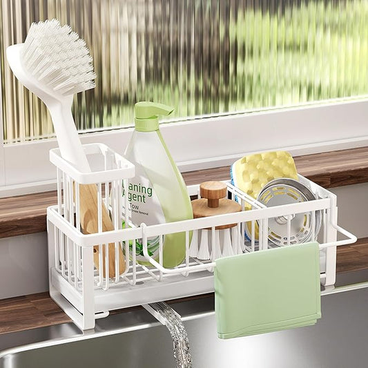 SWTYMIKI Sponge Holder for Kitchen Sink - Sink Caddy with Brush Holder Self-draining Sponge Caddy Organizer with Divider Stainless Steel Kitchen Accessories Storage for Countertop, White by SwtyMiki-TidyHomeSweetLife