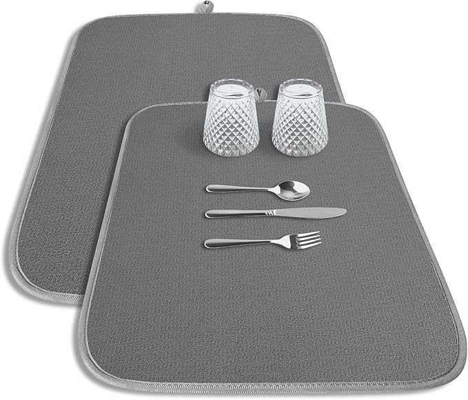 Kitsure Dish Drying Mat - 2-Pack Washable Microfiber Drying Mat for Kitchen Counter, 3-Layer Ultra Absorbent Pad with a Hanging Hook, 20" x 14", Dark Grey by Kitsure