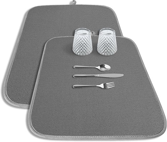 Kitsure Dish Drying Mat - 2-Pack Washable Microfiber Drying Mat for Kitchen Counter, 3-Layer Ultra Absorbent Pad with a Hanging Hook, 20" x 14", Dark Grey by Kitsure