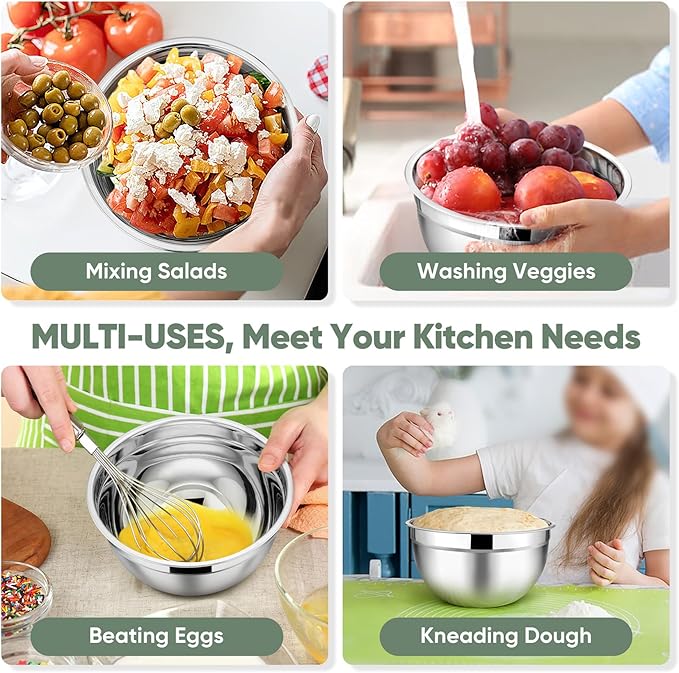 TeamFar Mixing Bowls with Lids, 5-Piece Stainless Steel Metal Nesting Salad Bowl for Mixing Prepping, Healthy & Heavy Duty, Airtight Lids & Dishwasher Safe, 4.5/3/1.5/1/0.7 QT-Khaki - Image 5
