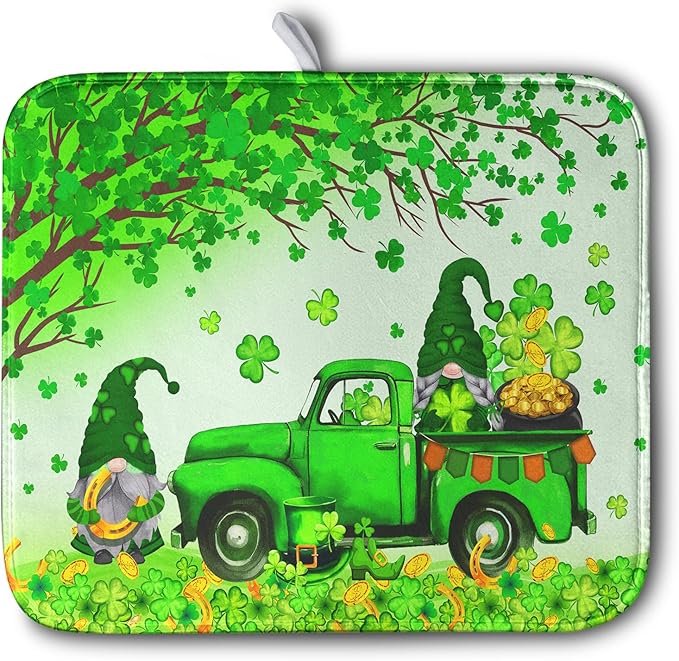 St Patricks Day Shamrock Drying Mat for Kitchen Counter Green Gnome Truck Dishes Drying Mat St. Patricks Day Spring Washable Dish Drying Pad Absorbent Microfiber Dishes Drainer Mats 16x18 Inch by Kwlegh