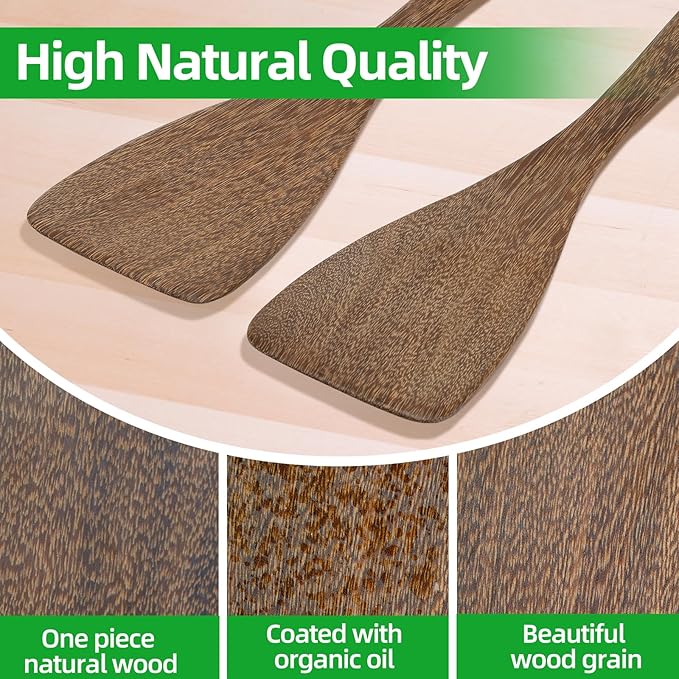Ecavria 2PCS Wooden Spatula, 12.8IN Wooden Flat Frying Spatulas, Long Handle Wood Turner for Non-Stick Cookware, Natural Wood Cooking Utensils, Healthy, Sturdy & Heat-Resistant