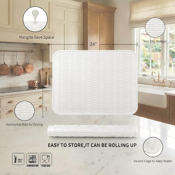 MicoYang Silicone Dish Drying Mat for Multiple Usage,Easy clean,Eco-friendly,Heat-resistant Silicone Mat for Kitchen Counter or Sink,Refrigerator or Drawer Liner White 2XL 24 inches x 18 inches - Image 2