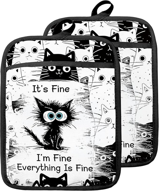 Funny Black Cat Pot Holders with Pockets Set of 2, It's Fine Sarcastic Cat Oven Pot Holders Heat Resistant Oven Mitts Hot Pads for Kitchen Baking Cooking