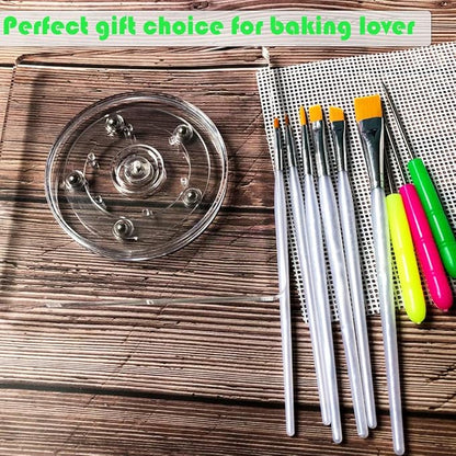 Sugar Cookie Decorating Tools - Acrylic Turntable, 6 Decoration Brushes, Anti-Slip Silicone Mat & 3 Cookie Scribe Needles