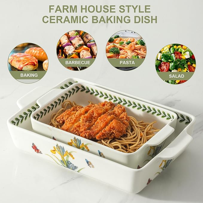 Ceramic Iris Baking Casserole Dish with Handles, Large 2 pieces 8x13 inch & 6x10 inch Lasagna Baking Dish and Middle Flower Andplant Baking Pan,Porcelain Serving Bakeware Set - Image 3