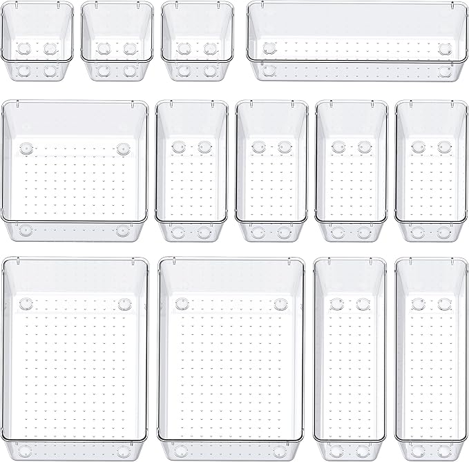 SMARTAKE 13-Piece Drawer Organizers with Non-Slip Silicone Pads, 5-Size Desk Bathroom Drawer Organizer Trays Storage Tray for Makeup, Jewelries, Utensils in Bedroom Dresser, Office and Kitchen, Clear - Image 9