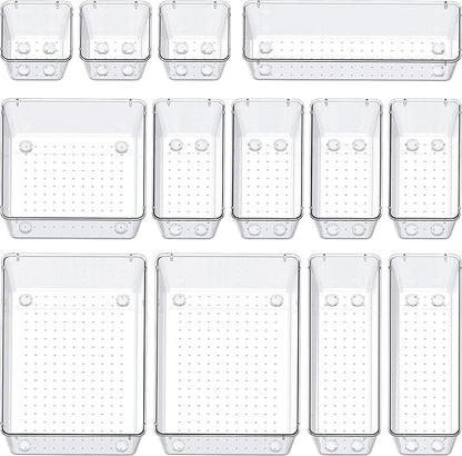 SMARTAKE 13-Piece Drawer Organizers with Non-Slip Silicone Pads, 5-Size Desk Bathroom Drawer Organizer Trays Storage Tray for Makeup, Jewelries, Utensils in Bedroom Dresser, Office and Kitchen, Clear - Image 9