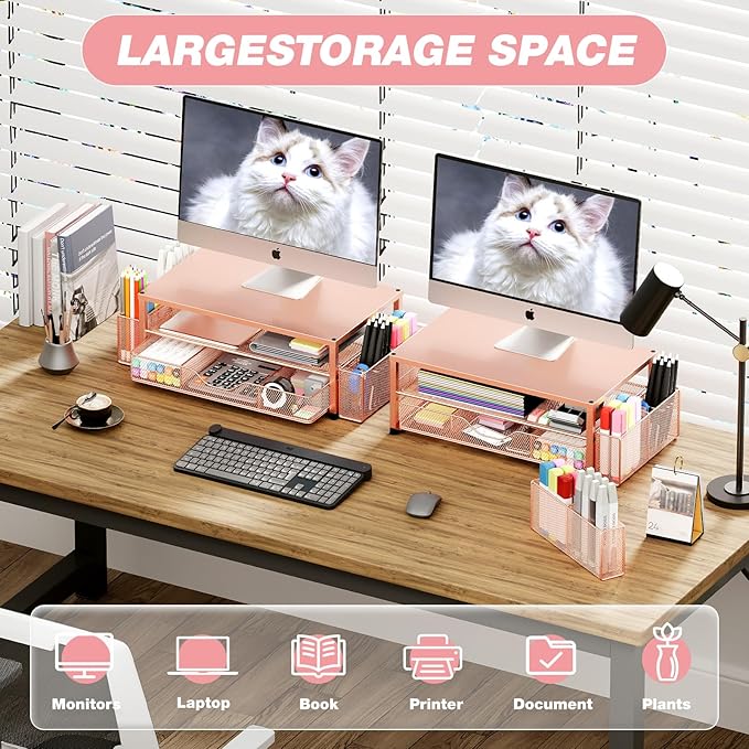 OPNICE Desk Organizers and Accessories, 2-Tier Computer Monitor Stand with Drawer and 2 Pen Holders, Laptop Stand, Office Desk Accessories for Office Supplies, Rose Gold - Image 4