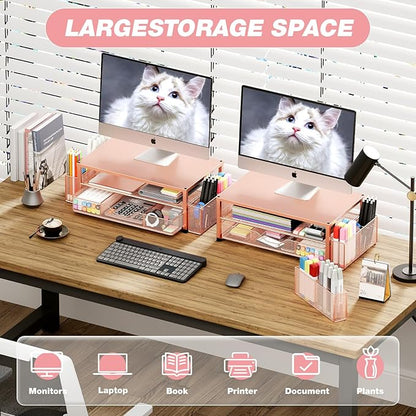 OPNICE Desk Organizers and Accessories, 2-Tier Computer Monitor Stand with Drawer and 2 Pen Holders, Laptop Stand, Office Desk Accessories for Office Supplies, Rose Gold - Image 4